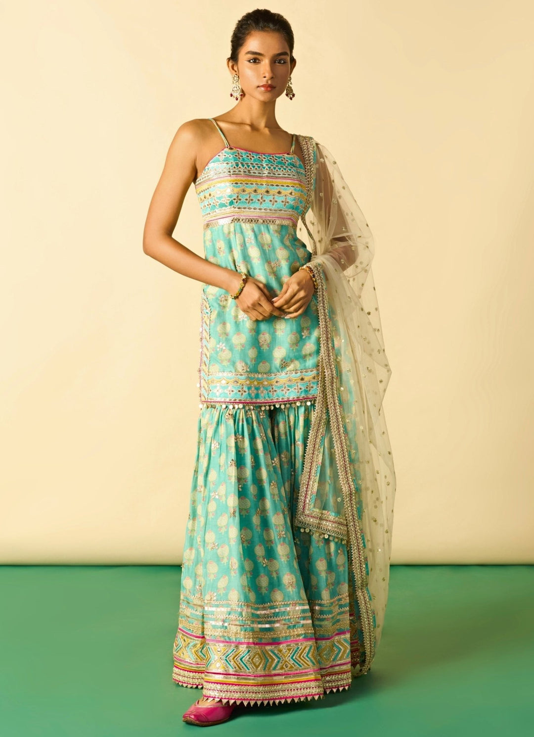 Gopi Vaid Aqua Blue Cotton Silk Strappy Kurta Sharara Set With Ivory DupattaFabilicious Fashion