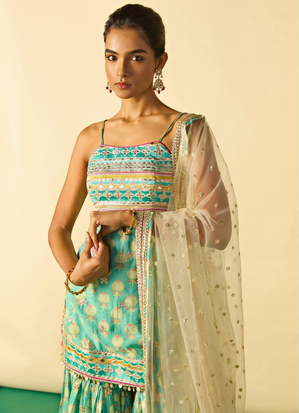 Gopi Vaid Aqua Blue Cotton Silk Strappy Kurta Sharara Set With Ivory DupattaFabilicious Fashion