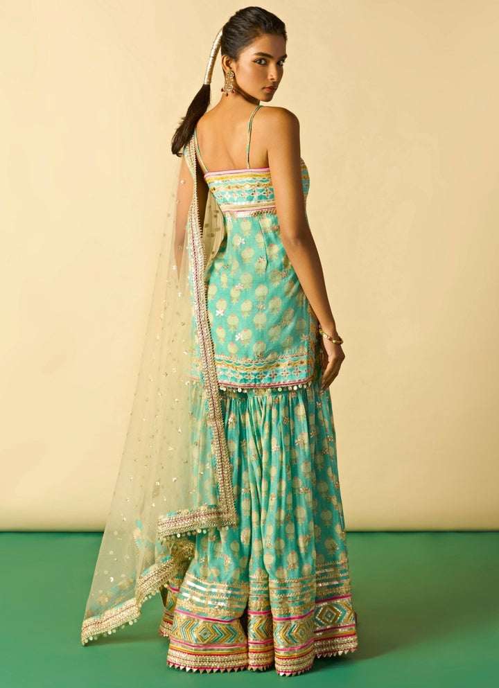 Gopi Vaid Aqua Blue Cotton Silk Strappy Kurta Sharara Set With Ivory DupattaFabilicious Fashion