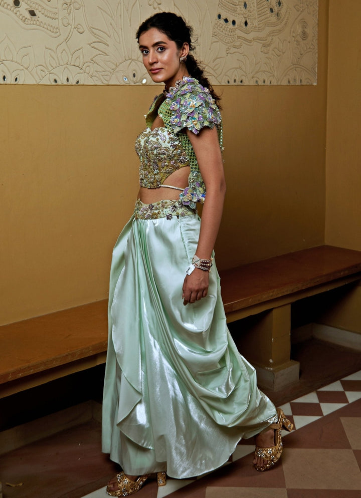 Aqua Blue Draped Pant Set With Embroidered Blouse Moledro - Fabilicious Fashion