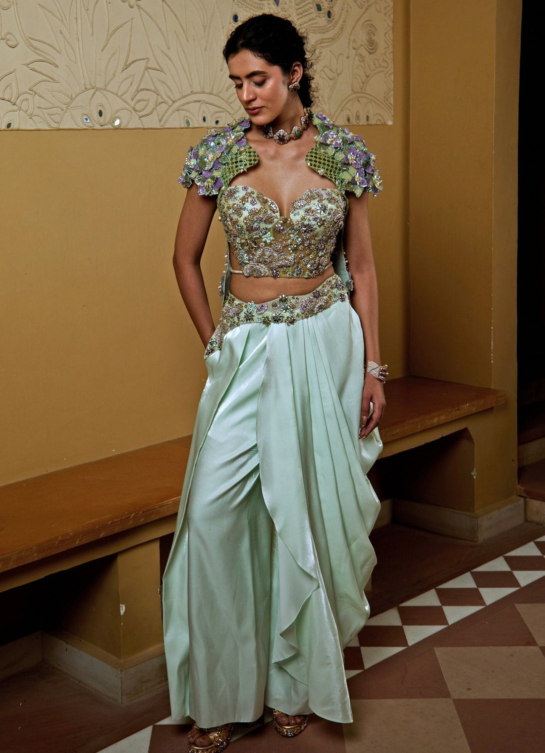 Aqua Blue Draped Pant Set With Embroidered Blouse Moledro - Fabilicious Fashion