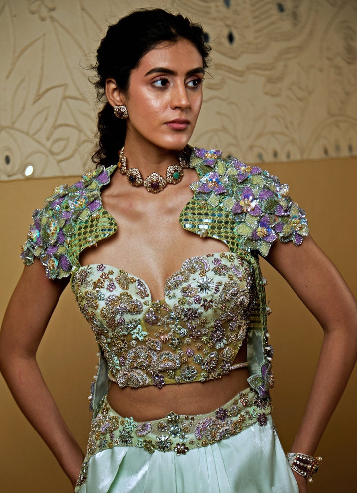 Aqua Blue Draped Pant Set With Embroidered Blouse Moledro - Fabilicious Fashion