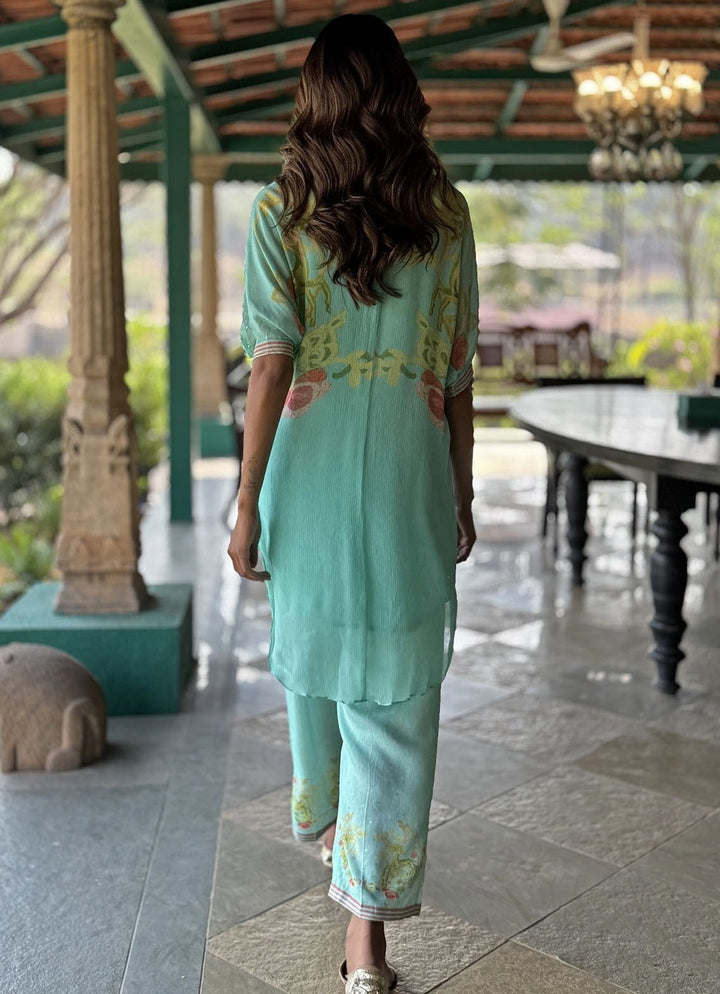 Aqua Blue Embellished Kurta Pant Set Basil Leaf - Fabilicious Fashion