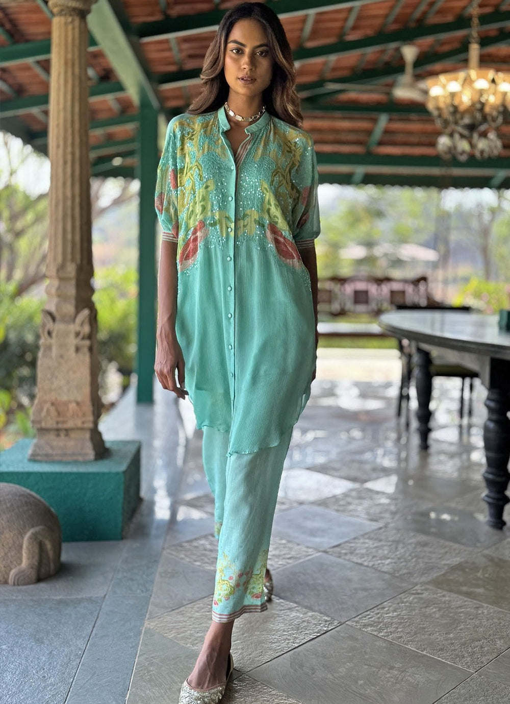 Aqua Blue Embellished Kurta Pant Set Basil Leaf - Fabilicious Fashion