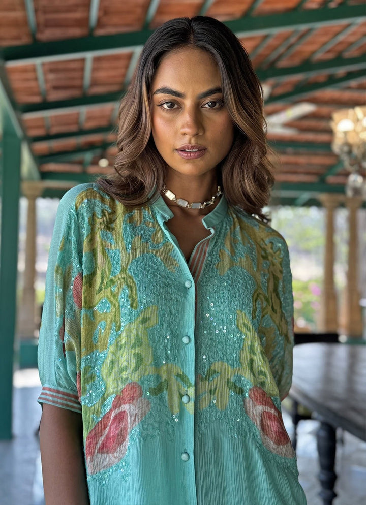 Aqua Blue Embellished Kurta Pant Set Basil Leaf - Fabilicious Fashion