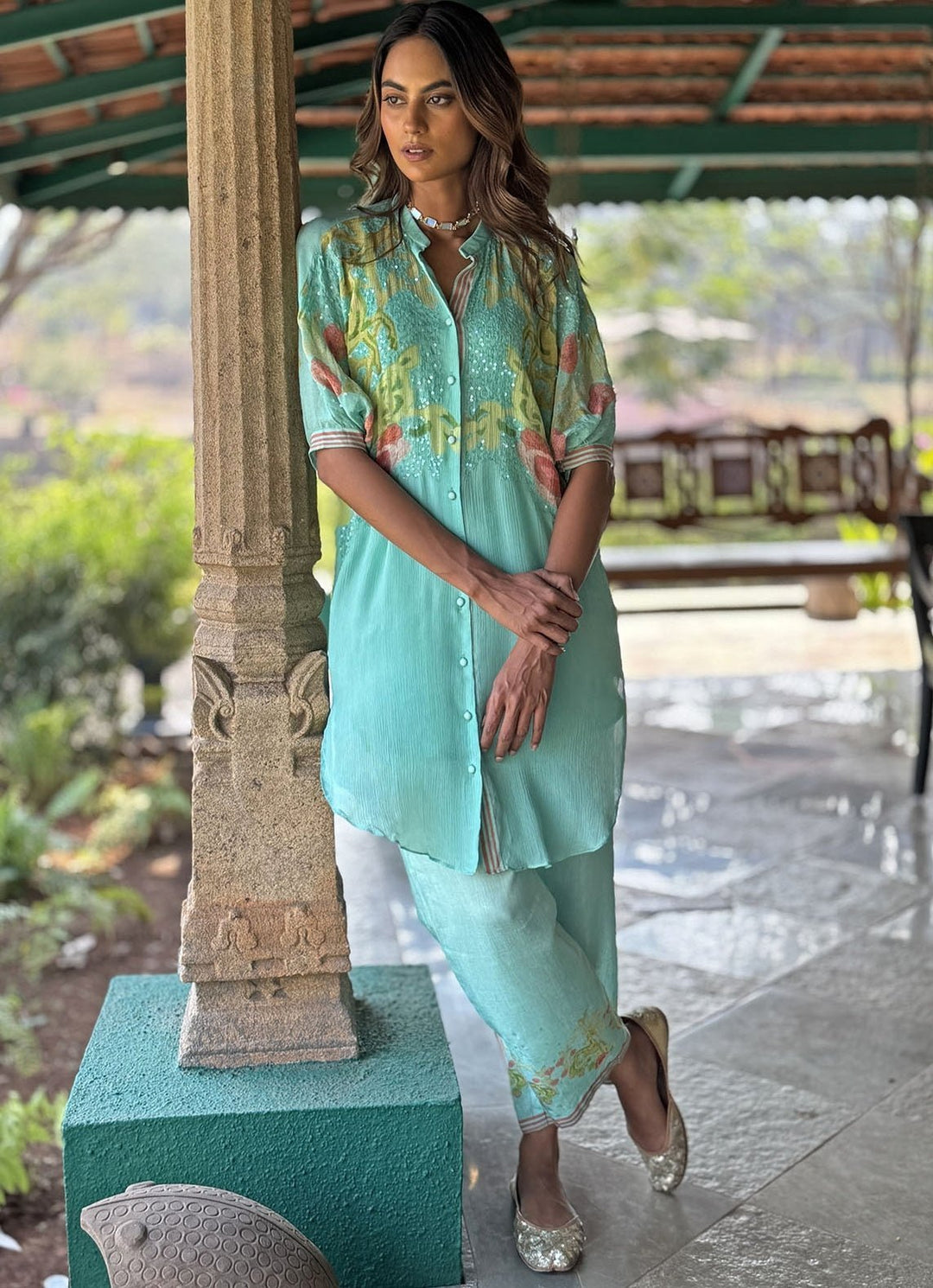 Aqua Blue Embellished Kurta Pant Set Basil Leaf - Fabilicious Fashion