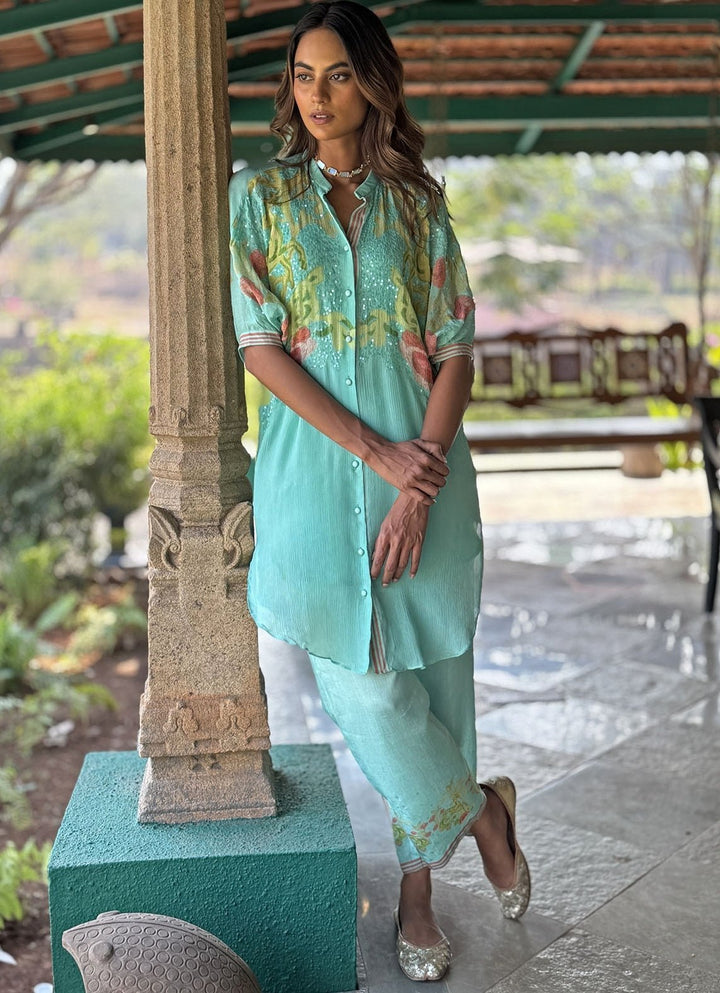 Aqua Blue Embellished Kurta Pant Set Basil Leaf - Fabilicious Fashion