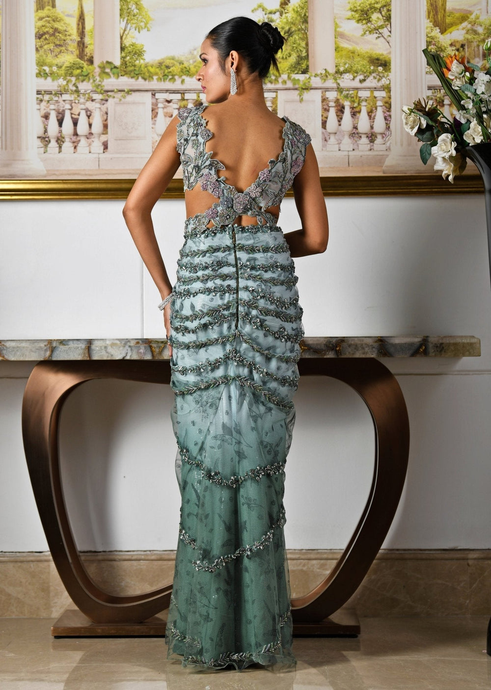 Aqua Blue Embroidered And Pre - Draped Concept Saree Gown Moledro - Fabilicious Fashion
