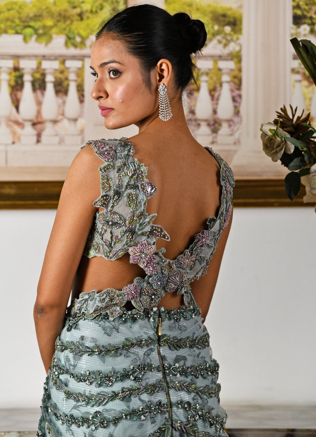 Aqua Blue Embroidered And Pre - Draped Concept Saree Gown Moledro - Fabilicious Fashion