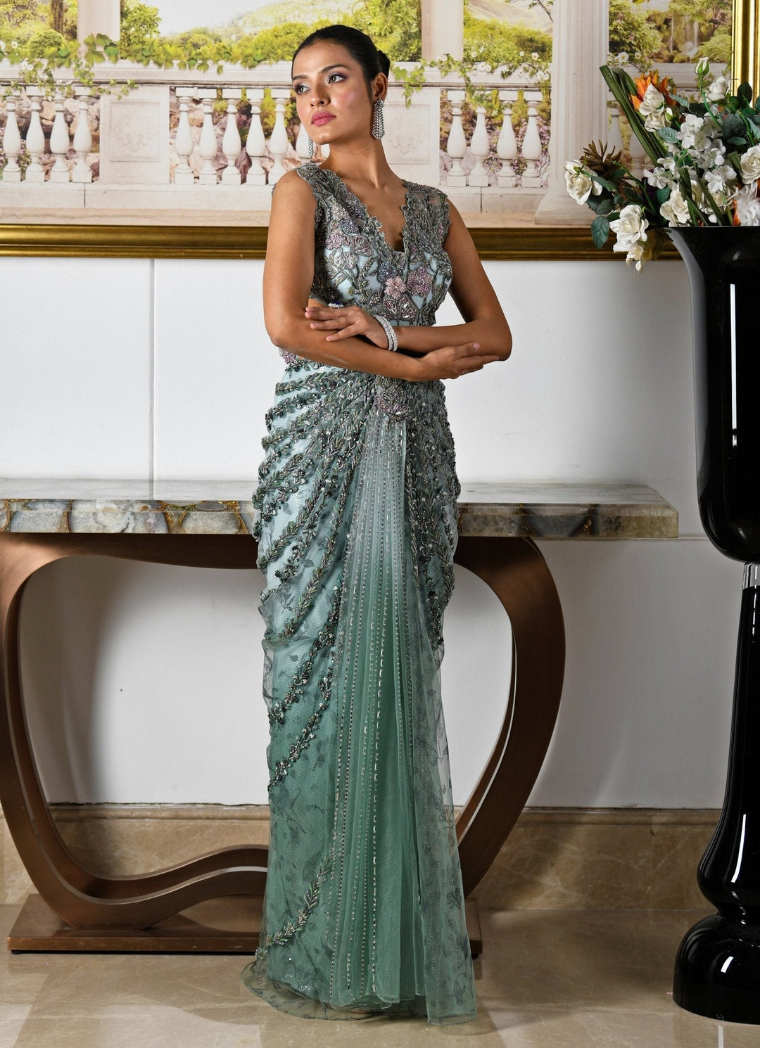 Aqua Blue Embroidered And Pre - Draped Concept Saree Gown Moledro - Fabilicious Fashion