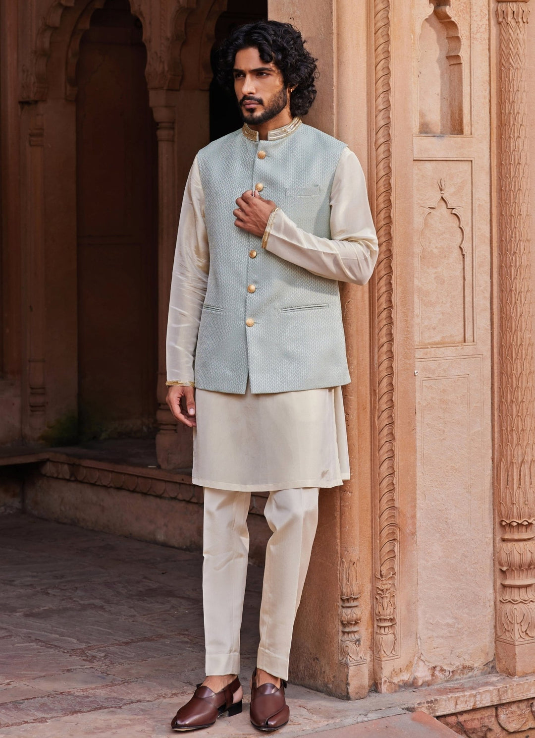 Aqua Blue Embroidered Nehru Jacket Set Contrast By Parth - Fabilicious Fashion