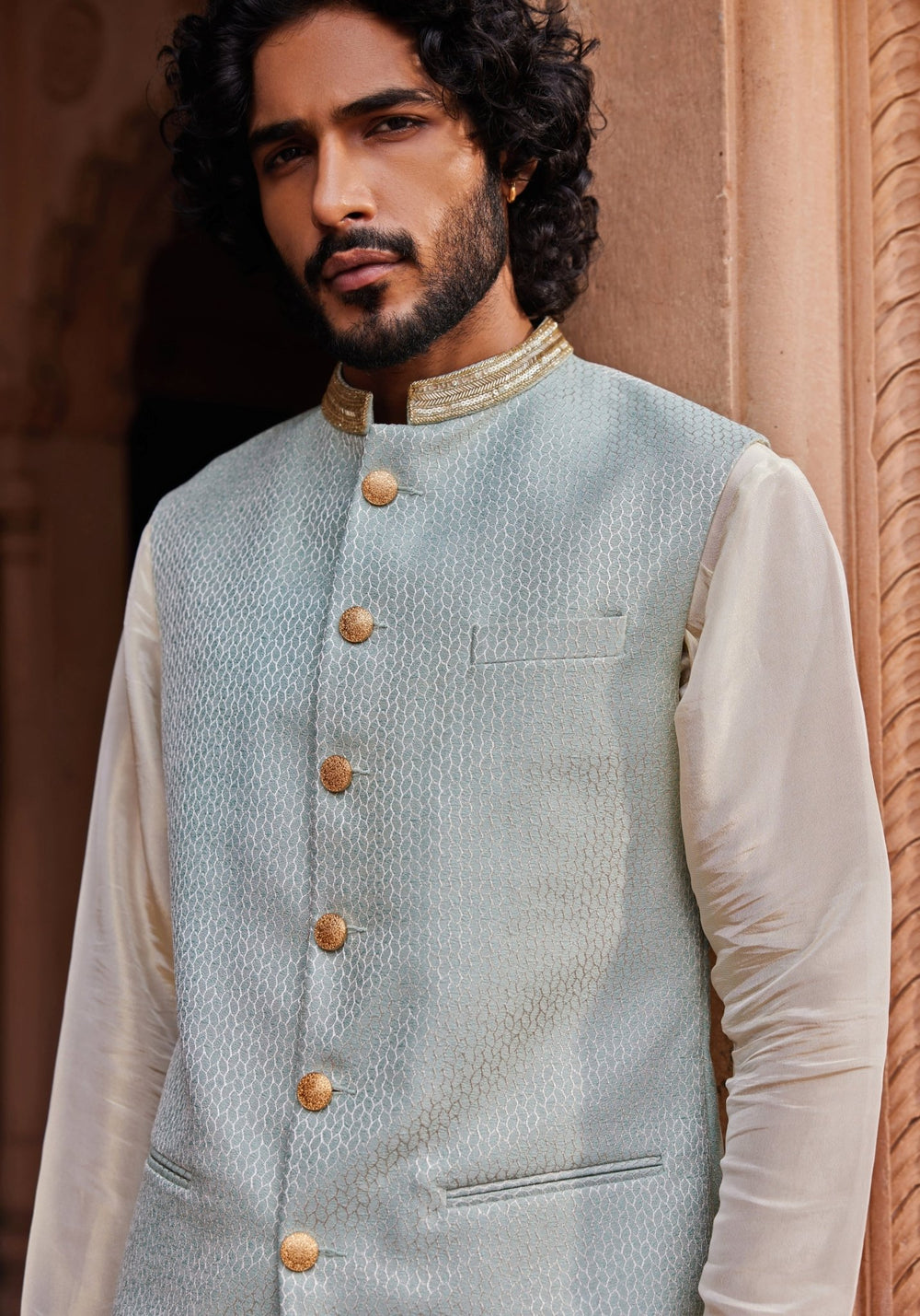 Aqua Blue Embroidered Nehru Jacket Set Contrast By Parth - Fabilicious Fashion