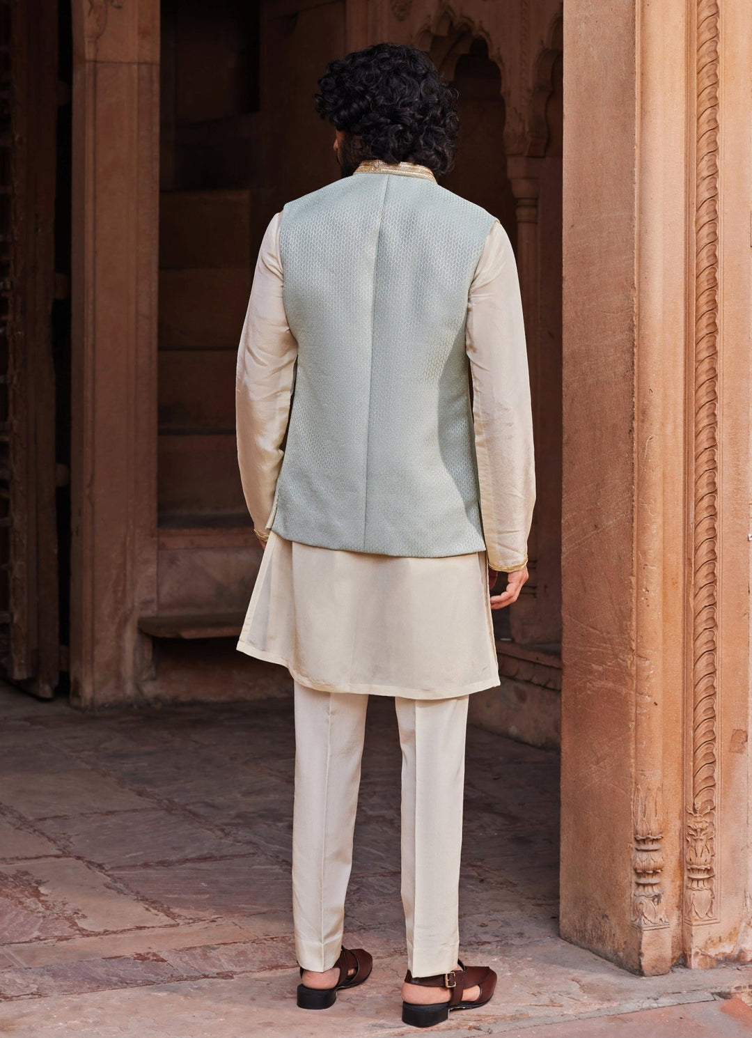 Aqua Blue Embroidered Nehru Jacket Set Contrast By Parth - Fabilicious Fashion