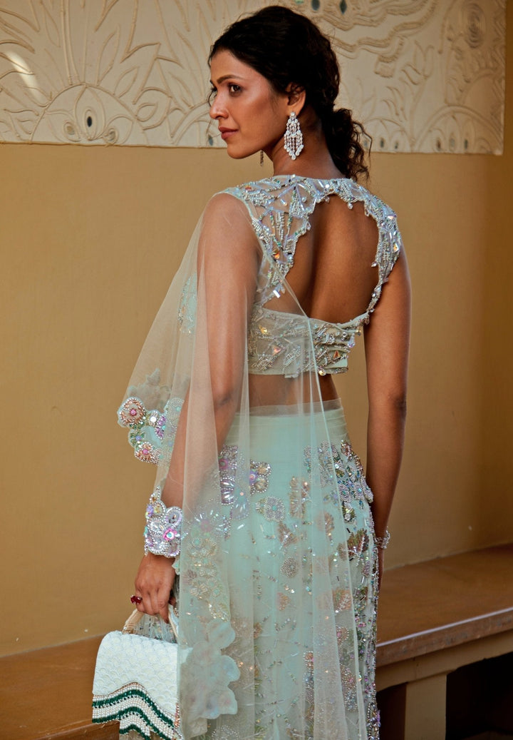 Aqua Blue Embroidered Pre - Draped Organza Skirt Saree Moledro - Fabilicious Fashion