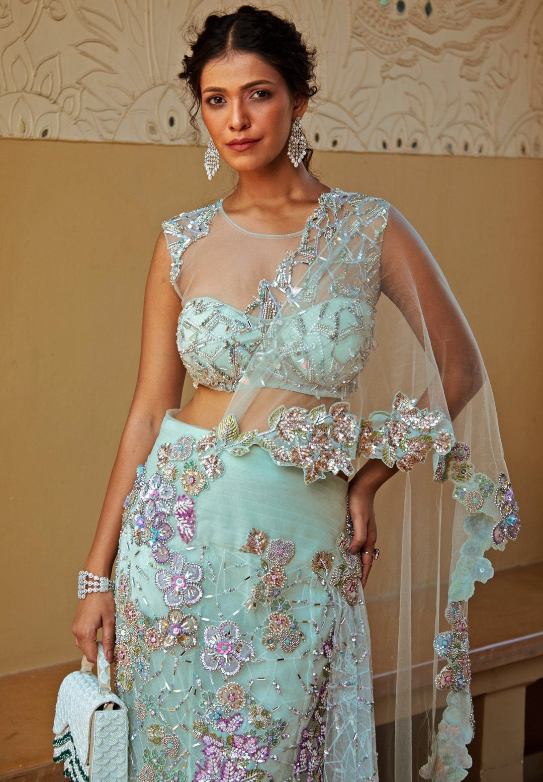 Aqua Blue Embroidered Pre - Draped Organza Skirt Saree Moledro - Fabilicious Fashion