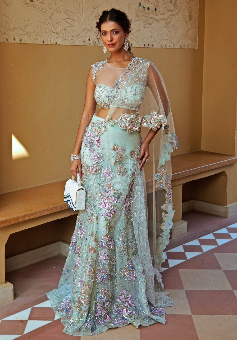 Aqua Blue Embroidered Pre - Draped Organza Skirt Saree Moledro - Fabilicious Fashion