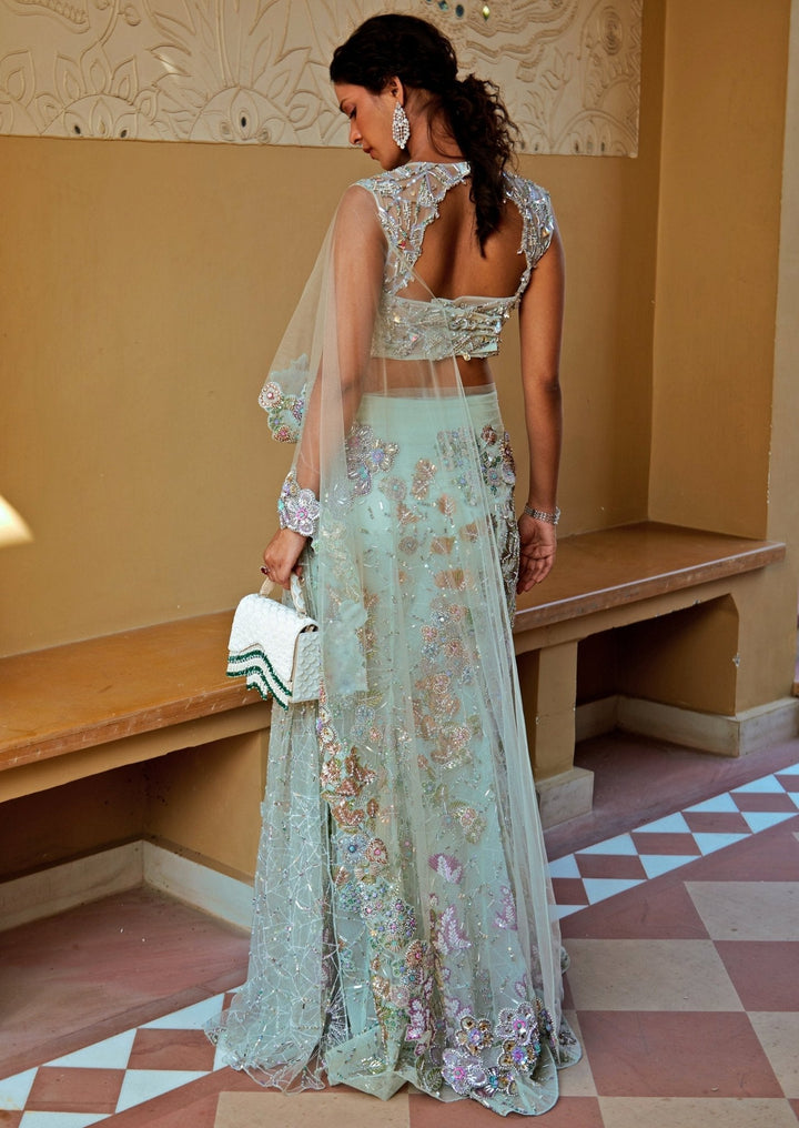 Aqua Blue Embroidered Pre - Draped Organza Skirt Saree Moledro - Fabilicious Fashion