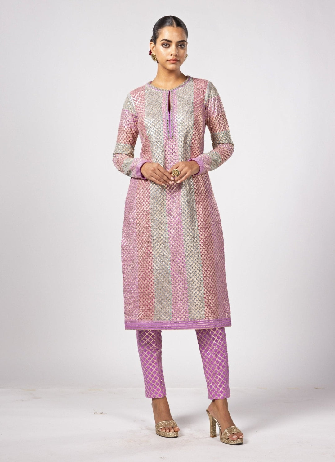 Aqua Blue Multicolour Gota Embroidered Kurta Pants Set Vvani by Vani Vats - Fabilicious Fashion