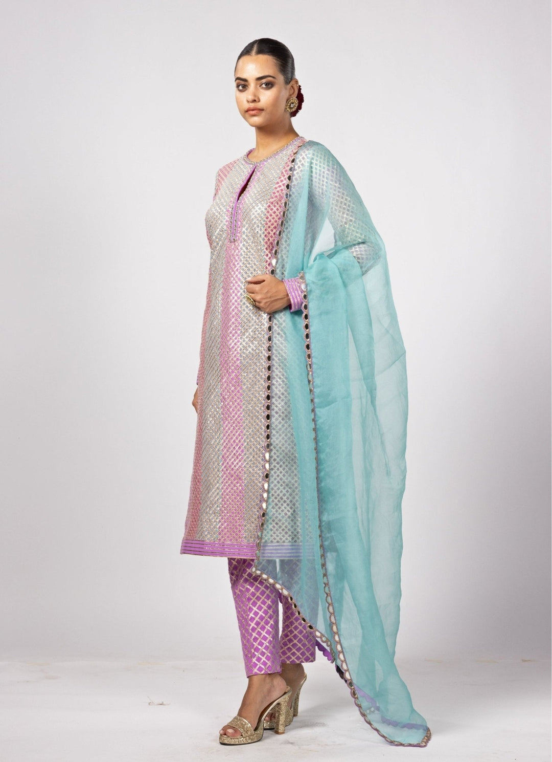 Aqua Blue Multicolour Gota Embroidered Kurta Pants Set Vvani by Vani Vats - Fabilicious Fashion