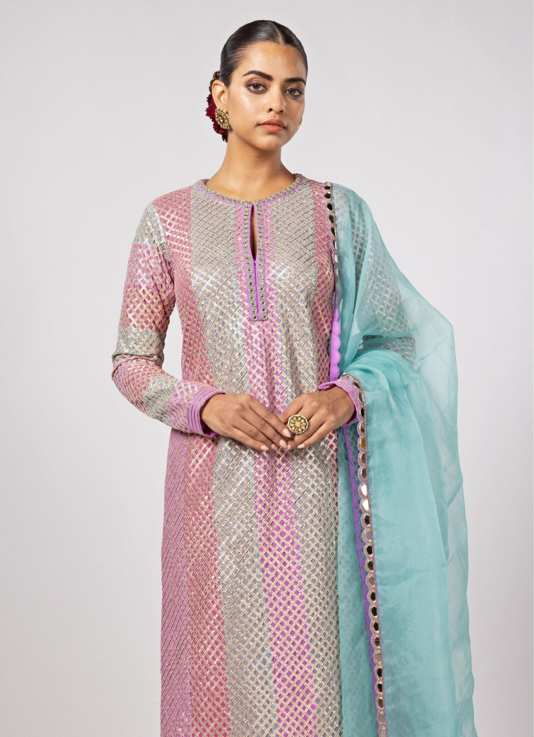 Aqua Blue Multicolour Gota Embroidered Kurta Pants Set Vvani by Vani Vats - Fabilicious Fashion