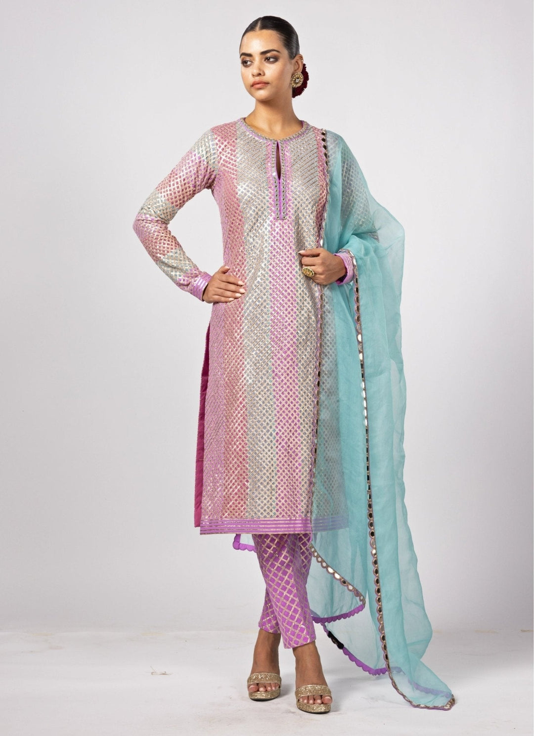 Aqua Blue Multicolour Gota Embroidered Kurta Pants Set Vvani by Vani Vats - Fabilicious Fashion