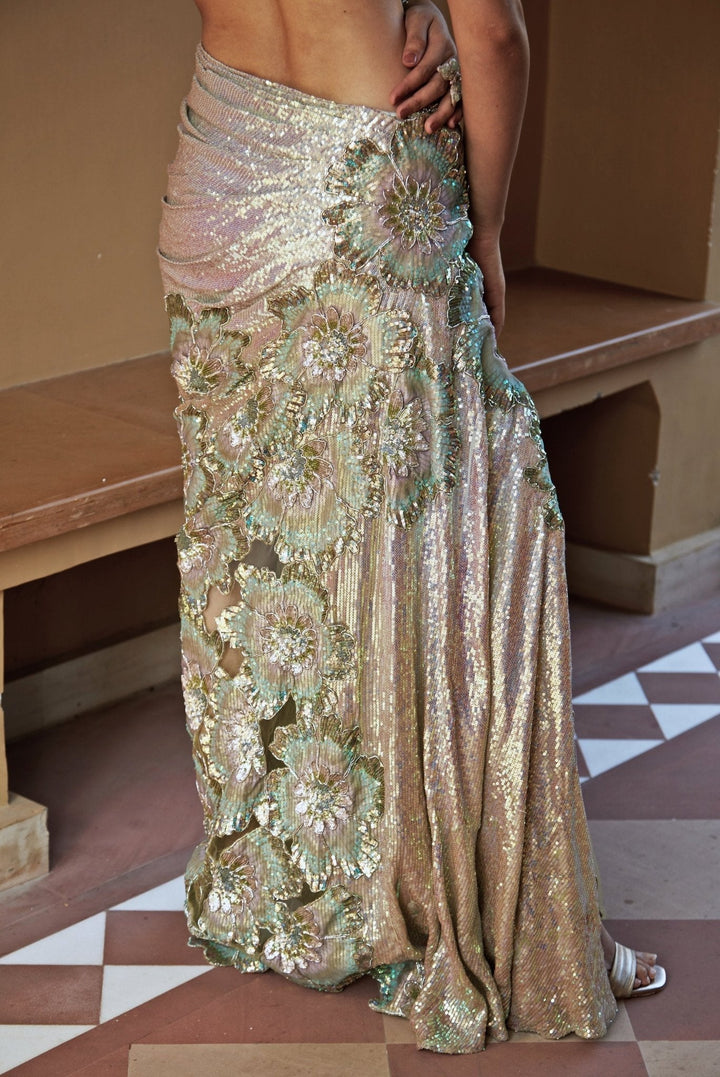 Aqua Blue Pre - Draped Sequined Georgette Slit Saree Gown Moledro - Fabilicious Fashion