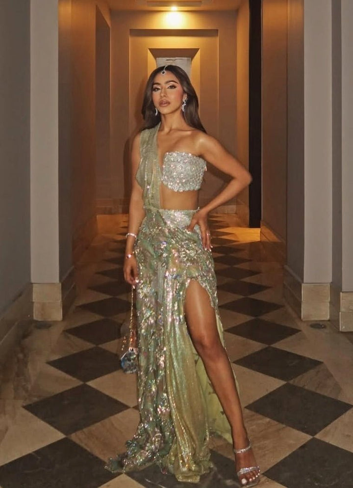 Aqua Blue Pre - Draped Sequined Georgette Slit Saree Gown Moledro - Fabilicious Fashion