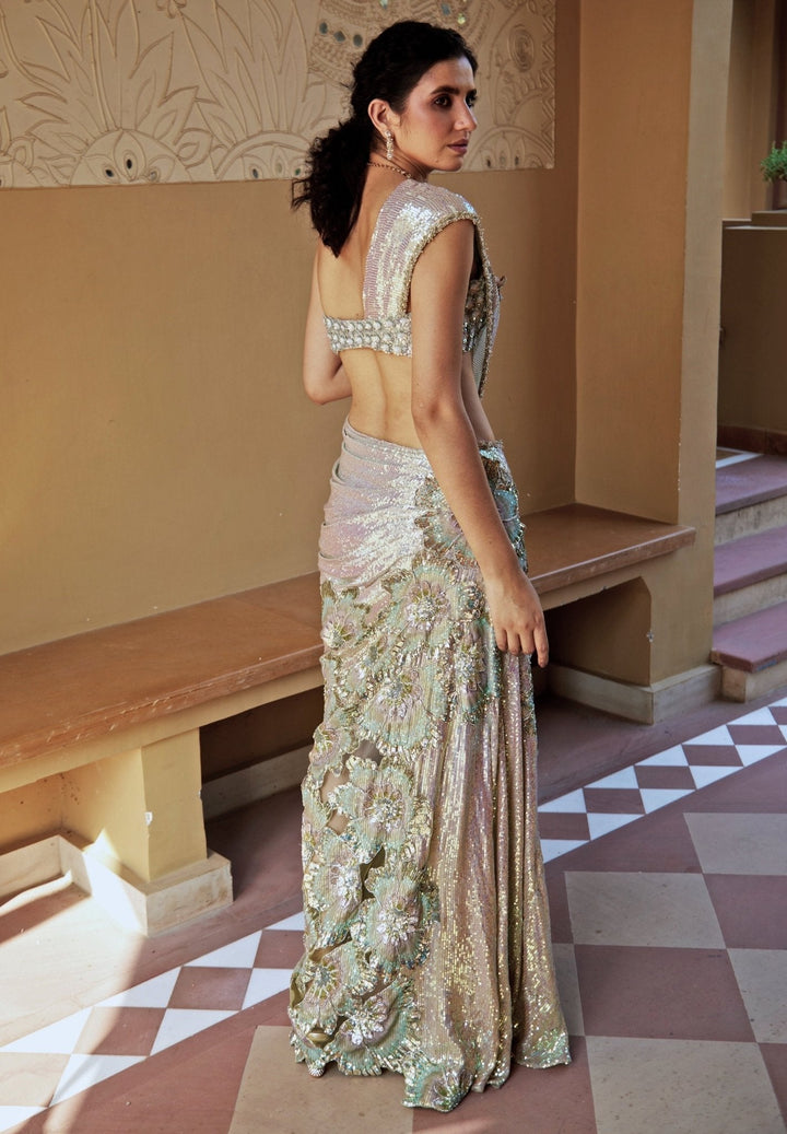Aqua Blue Pre - Draped Sequined Georgette Slit Saree Gown Moledro - Fabilicious Fashion