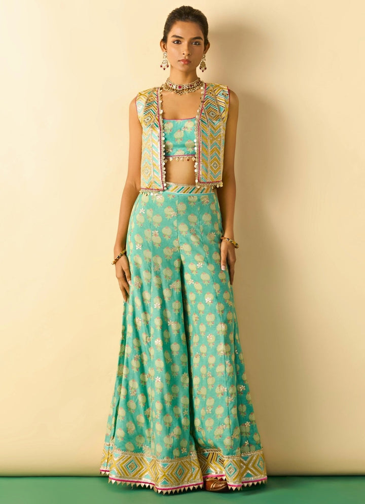 Gopi Vaid Aqua Blue Printed Cotton Silk Blouse Sharara Set With JacketFabilicious Fashion