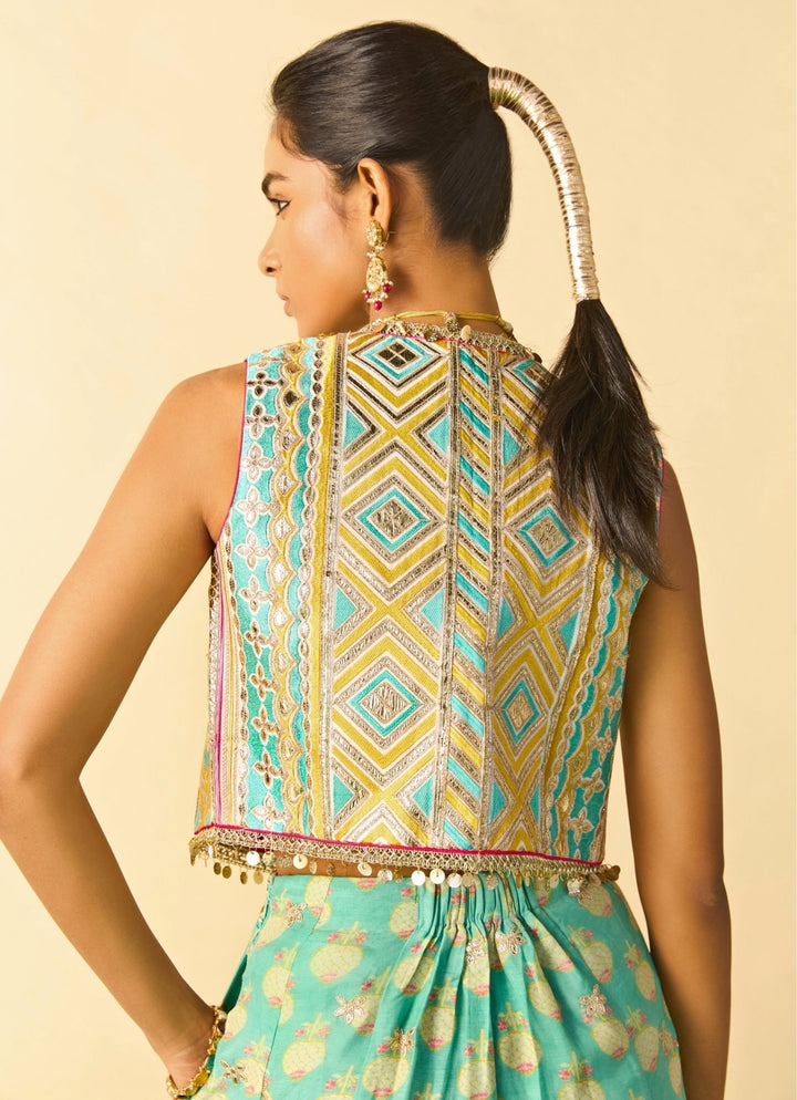 Gopi Vaid Aqua Blue Printed Cotton Silk Blouse Sharara Set With JacketFabilicious Fashion