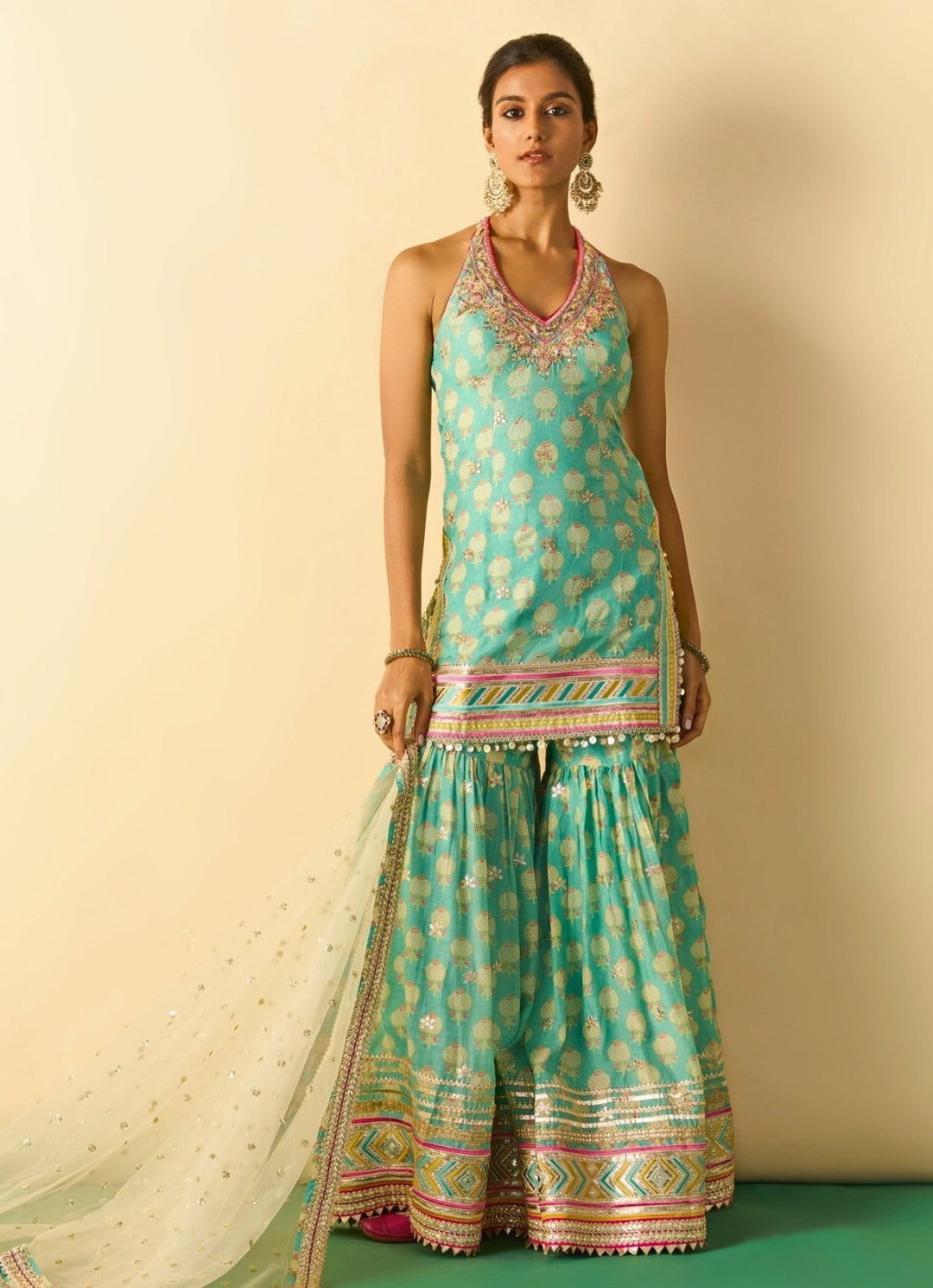 Gopi Vaid Aqua Blue Printed Cotton Silk Halter Kurta Sharara Set With Ivory DupattaFabilicious Fashion