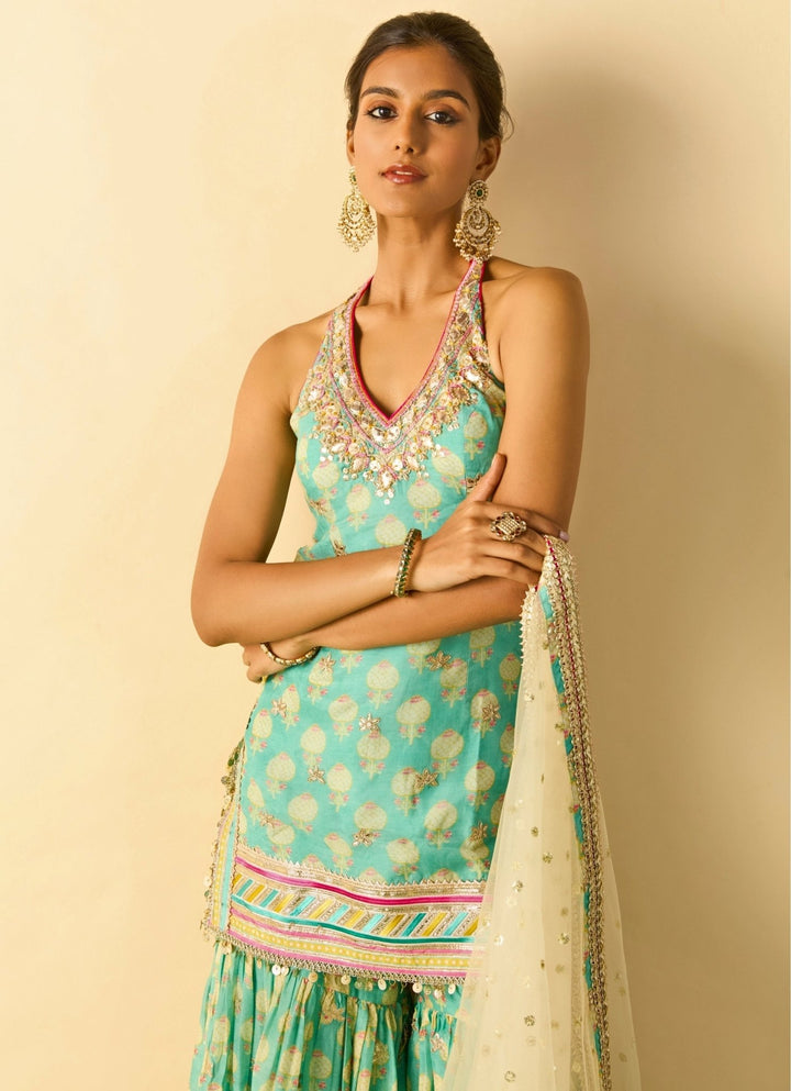 Gopi Vaid Aqua Blue Printed Cotton Silk Halter Kurta Sharara Set With Ivory DupattaFabilicious Fashion