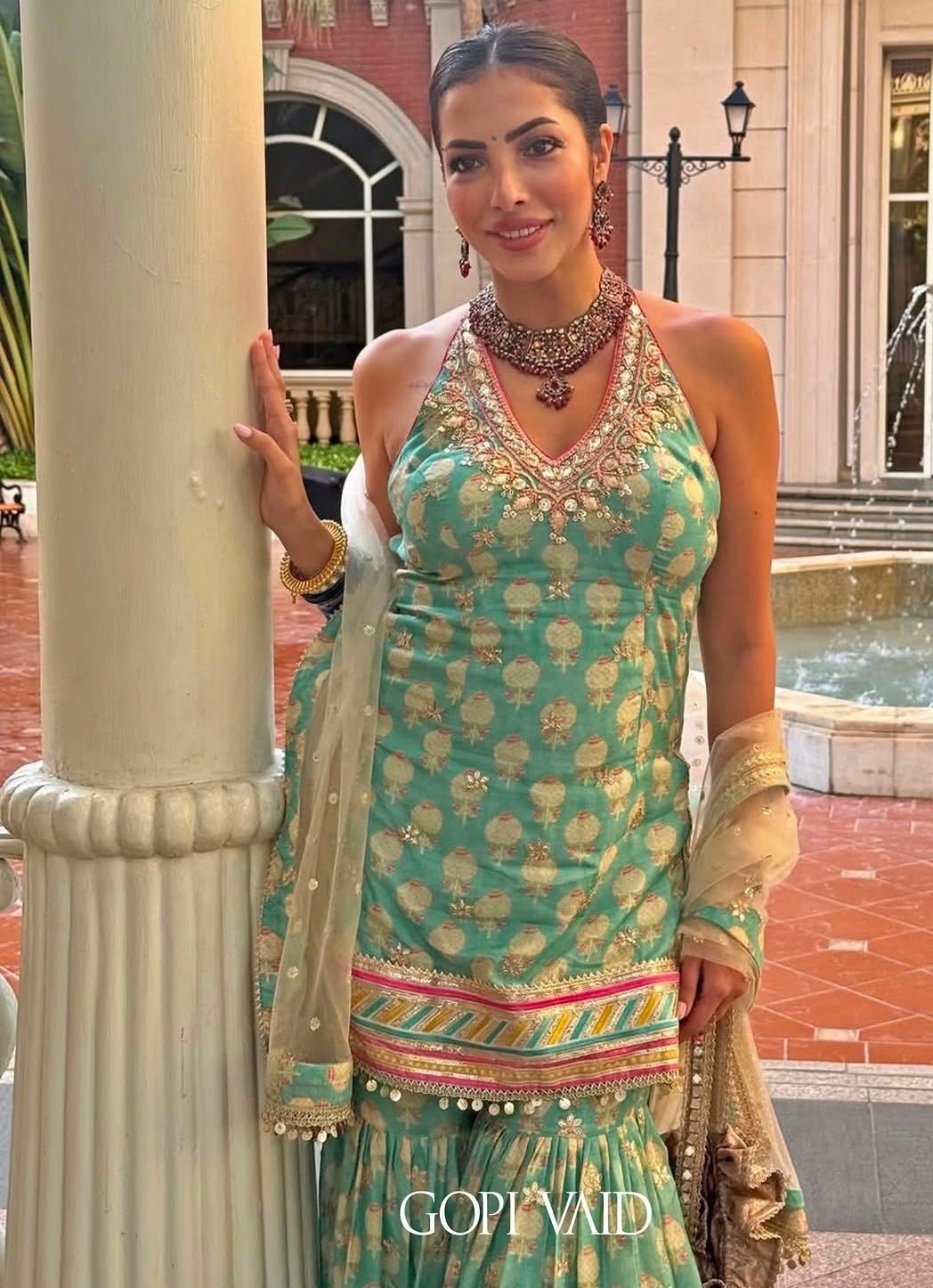 Gopi Vaid Aqua Blue Printed Cotton Silk Halter Kurta Sharara Set With Ivory DupattaFabilicious Fashion
