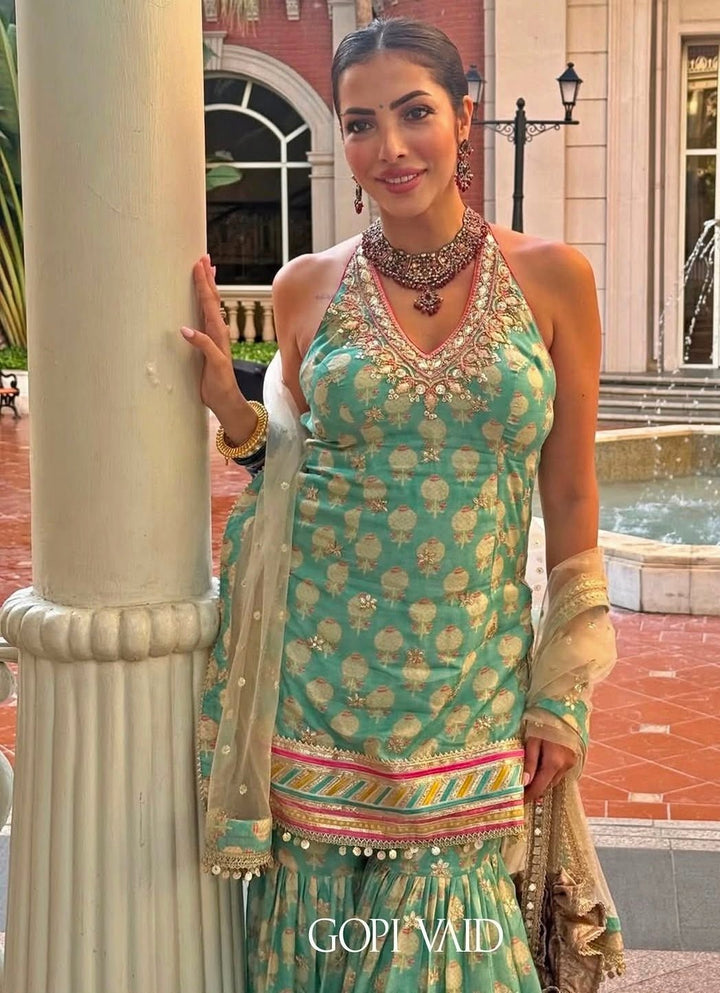 Gopi Vaid Aqua Blue Printed Cotton Silk Halter Kurta Sharara Set With Ivory DupattaFabilicious Fashion