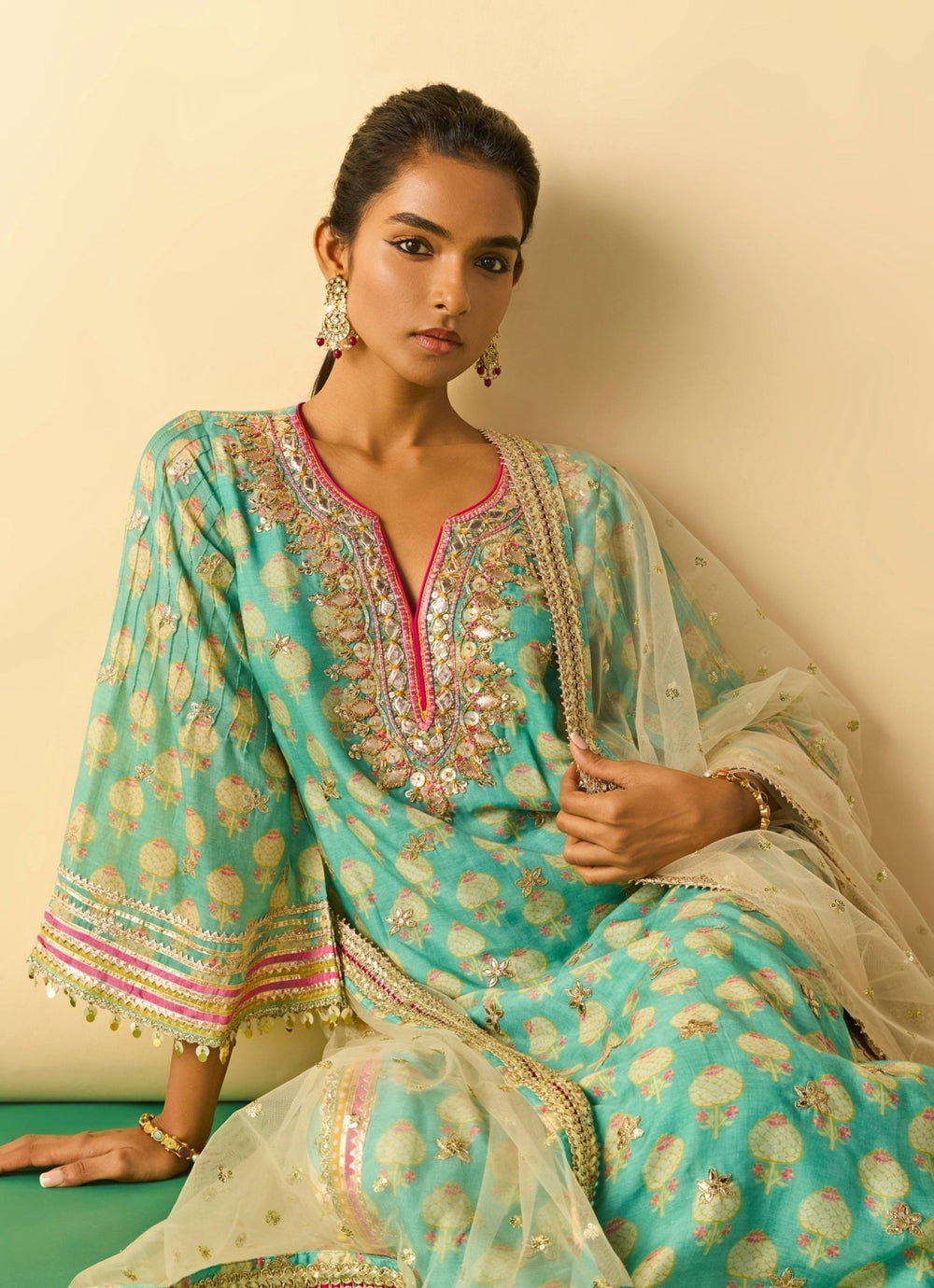 Gopi Vaid Aqua Blue Printed Cotton Silk Kurta Pants Set With Ivory DupattaFabilicious Fashion