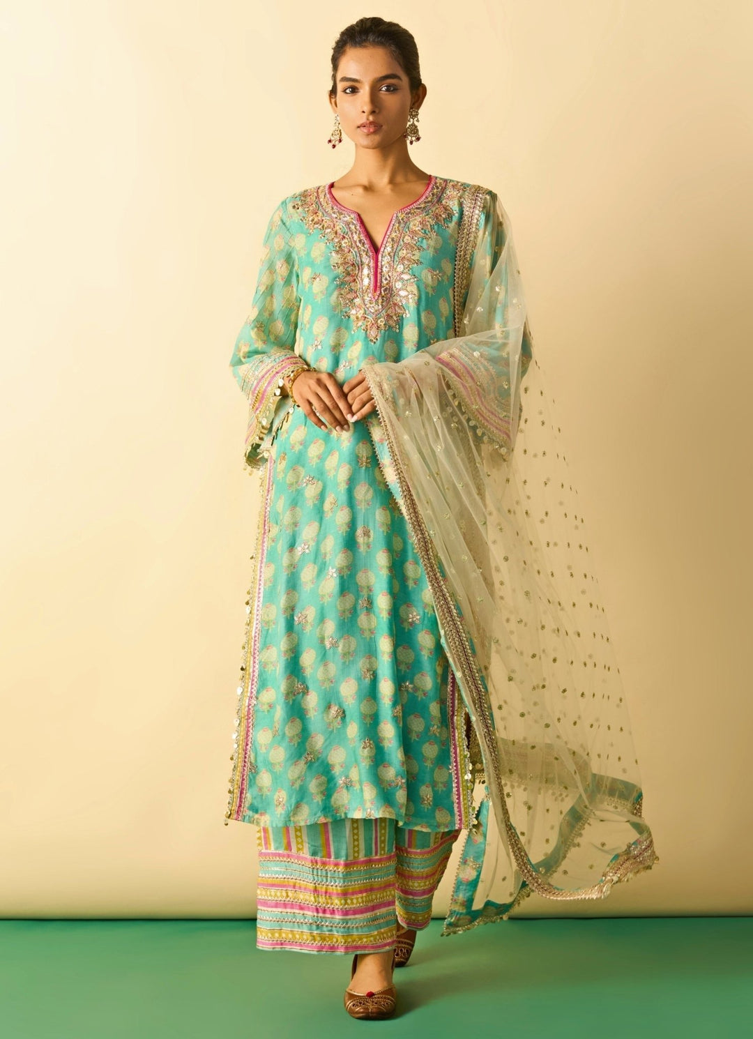 Gopi Vaid Aqua Blue Printed Cotton Silk Kurta Pants Set With Ivory DupattaFabilicious Fashion