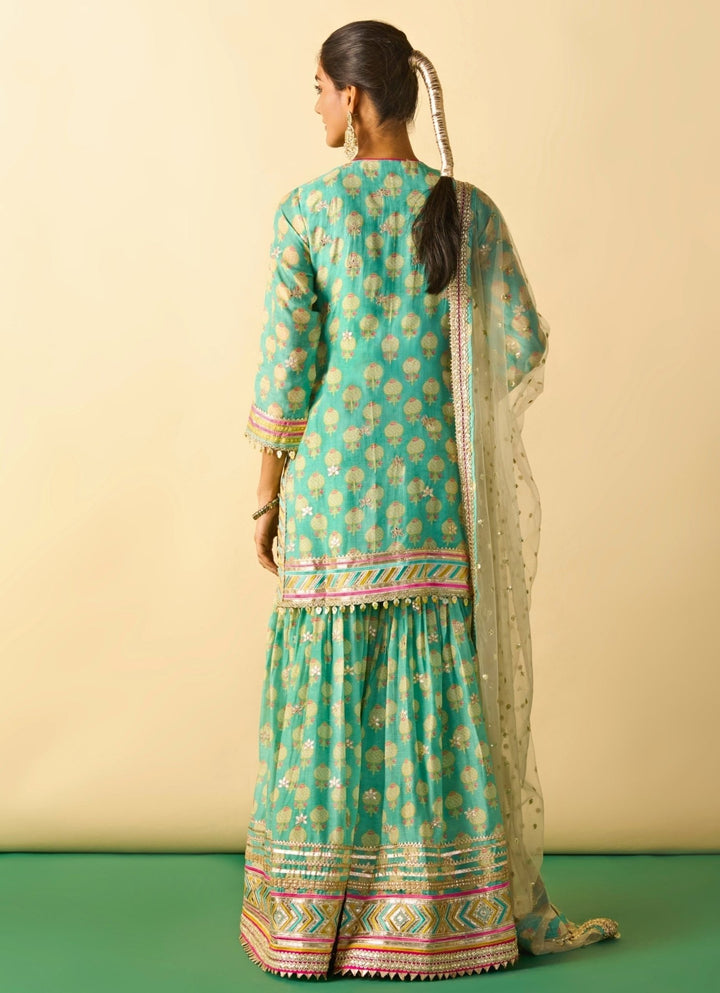Gopi Vaid Aqua Blue Printed Cotton Silk Kurta Sharara Set With Ivory DupattaFabilicious Fashion