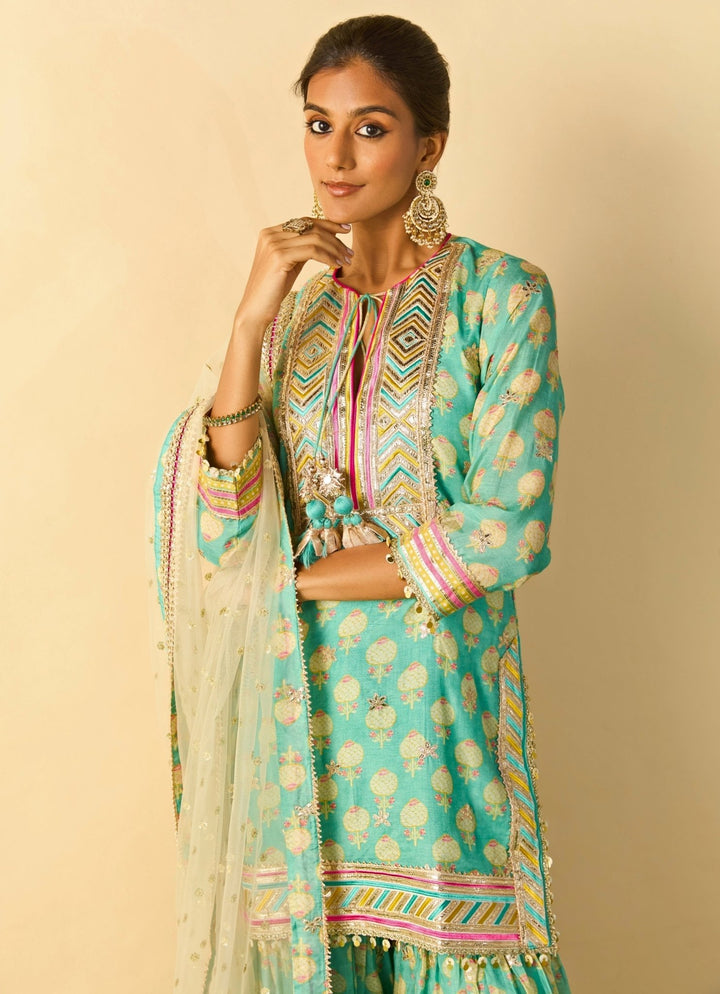 Gopi Vaid Aqua Blue Printed Cotton Silk Kurta Sharara Set With Ivory DupattaFabilicious Fashion