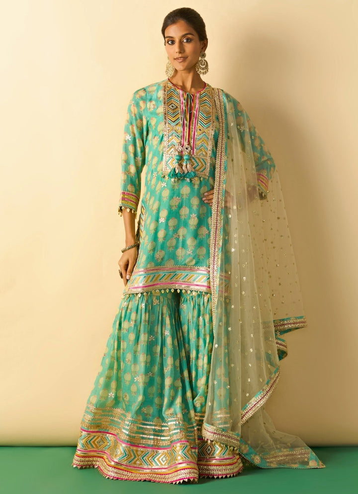Gopi Vaid Aqua Blue Printed Cotton Silk Kurta Sharara Set With Ivory DupattaFabilicious Fashion