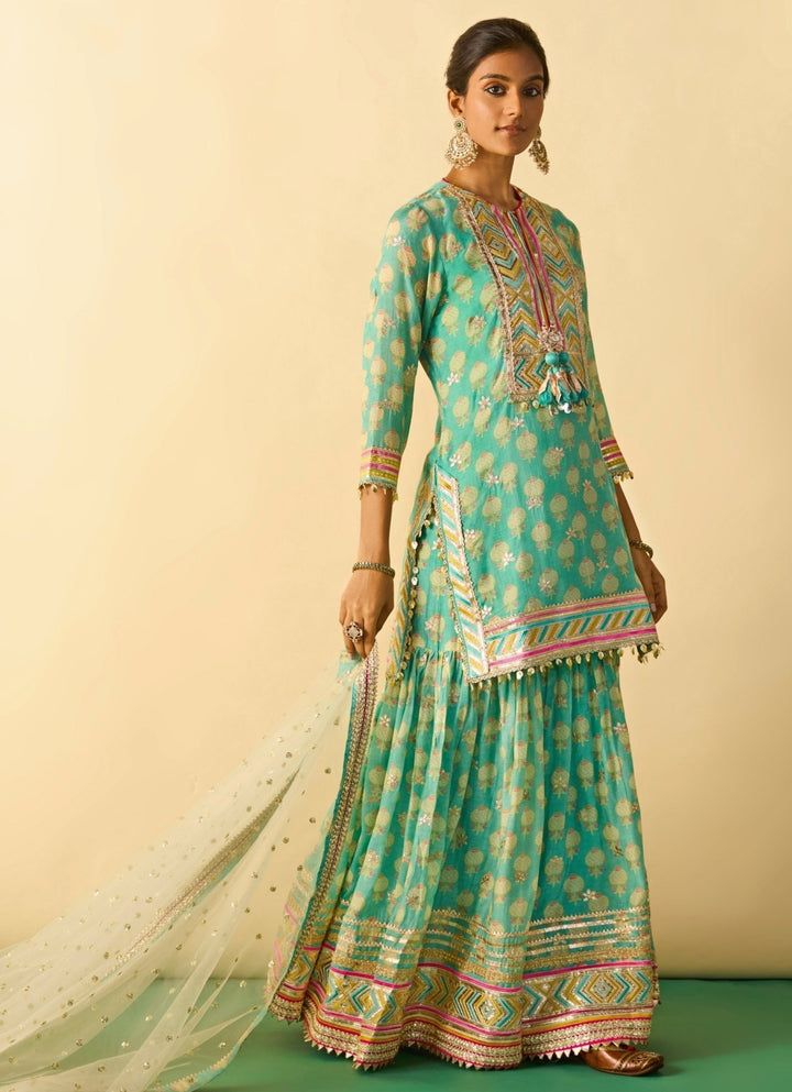 Gopi Vaid Aqua Blue Printed Cotton Silk Kurta Sharara Set With Ivory DupattaFabilicious Fashion