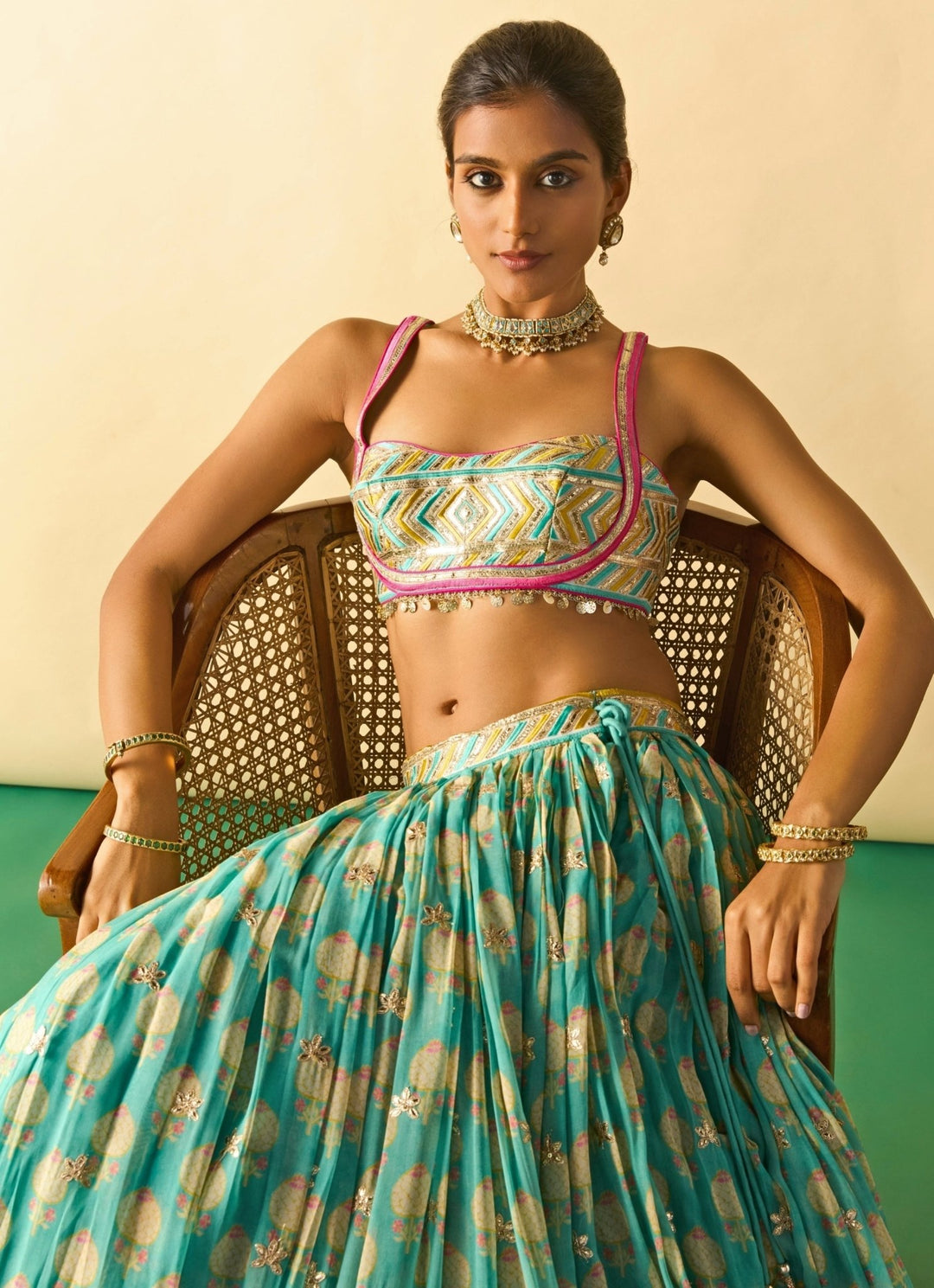 Gopi Vaid Aqua Blue Printed Cotton Silk Lehenga Set With Ivory DupattaFabilicious Fashion