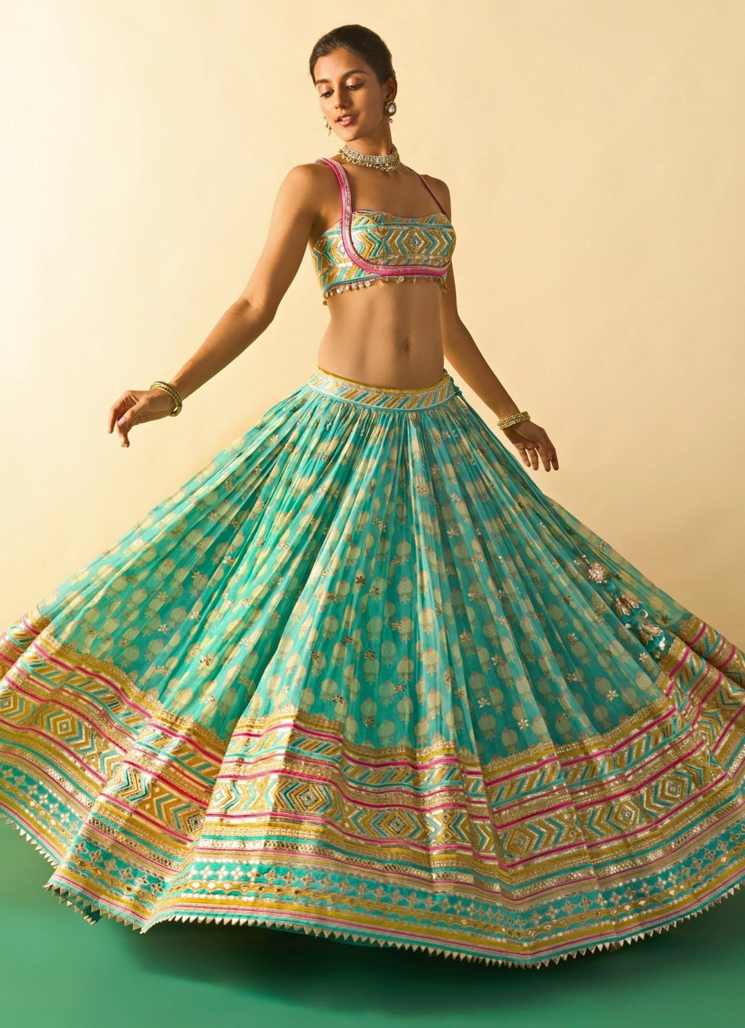Gopi Vaid Aqua Blue Printed Cotton Silk Lehenga Set With Ivory DupattaFabilicious Fashion