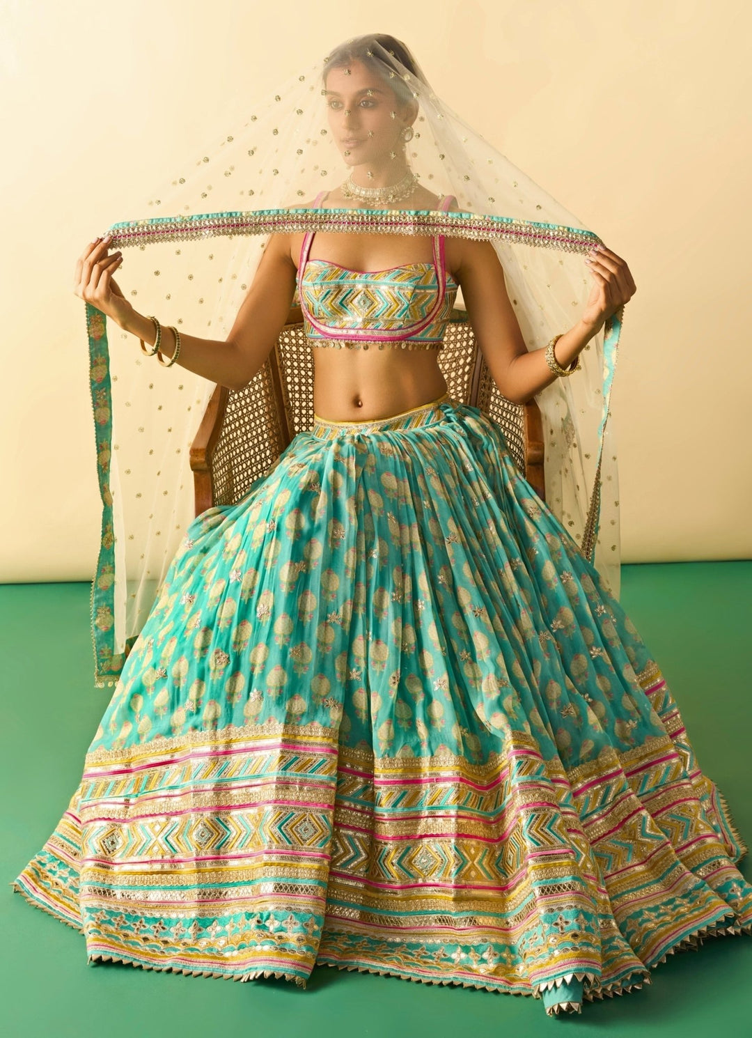 Gopi Vaid Aqua Blue Printed Cotton Silk Lehenga Set With Ivory DupattaFabilicious Fashion