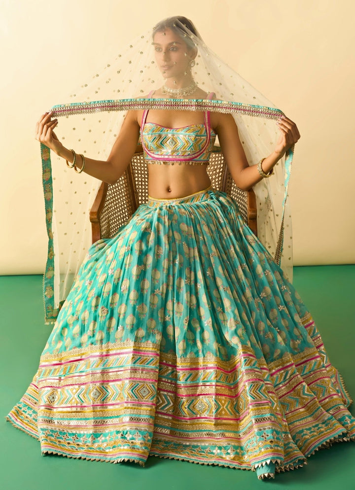 Gopi Vaid Aqua Blue Printed Cotton Silk Lehenga Set With Ivory DupattaFabilicious Fashion