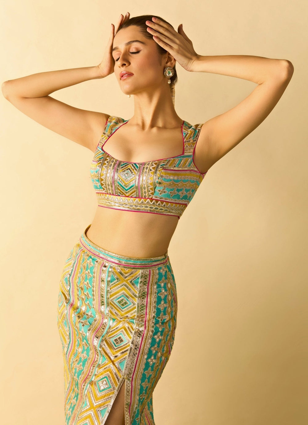 Gopi Vaid Aqua Blue Printed Cotton Silk Slit Skirt SetFabilicious Fashion