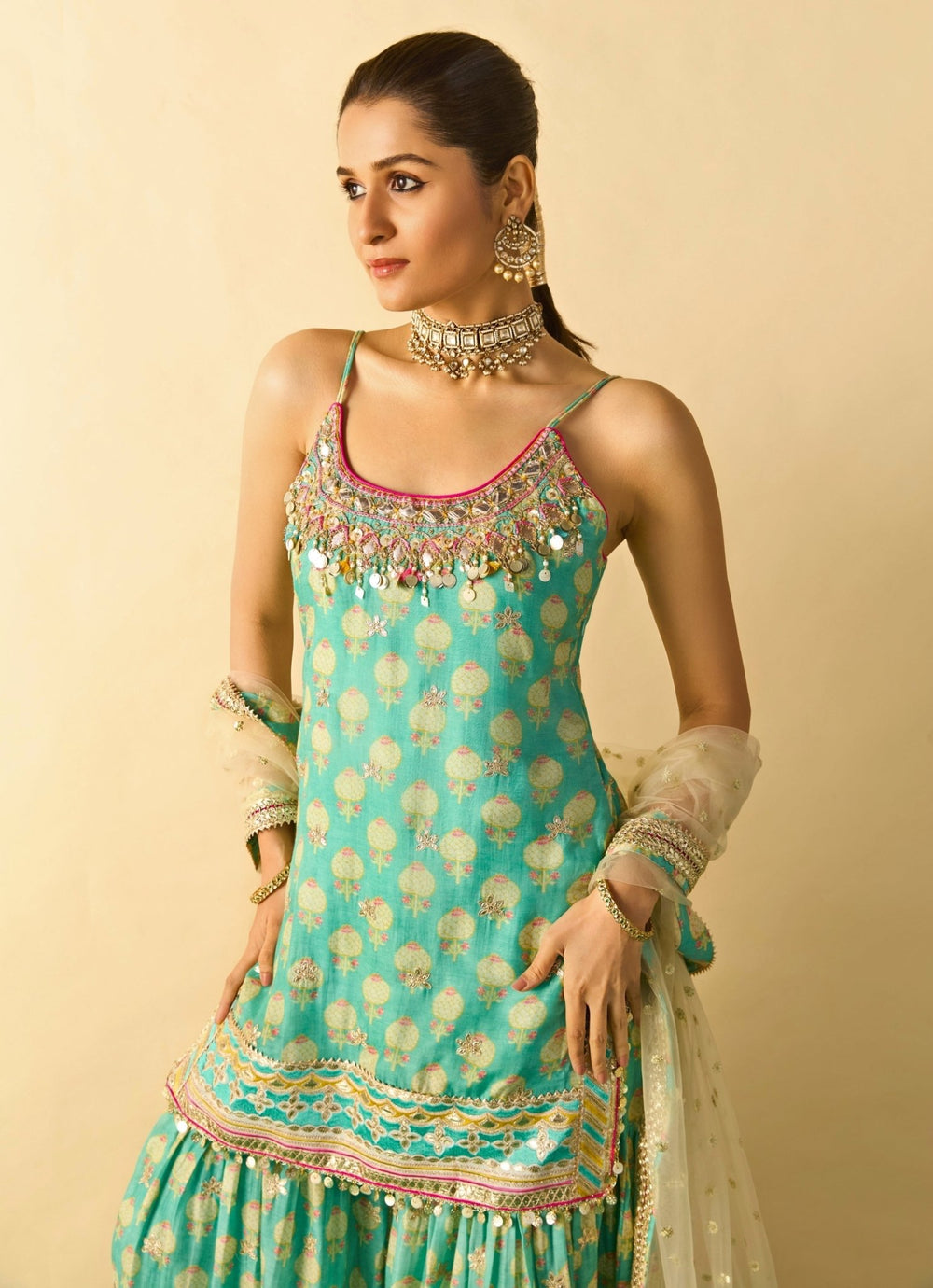 Gopi Vaid Aqua Blue Printed Cotton Silk Strappy Kurta Sharara Set With Ivory DupattaFabilicious Fashion