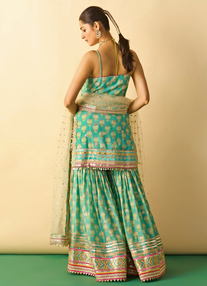 Gopi Vaid Aqua Blue Printed Cotton Silk Strappy Kurta Sharara Set With Ivory DupattaFabilicious Fashion
