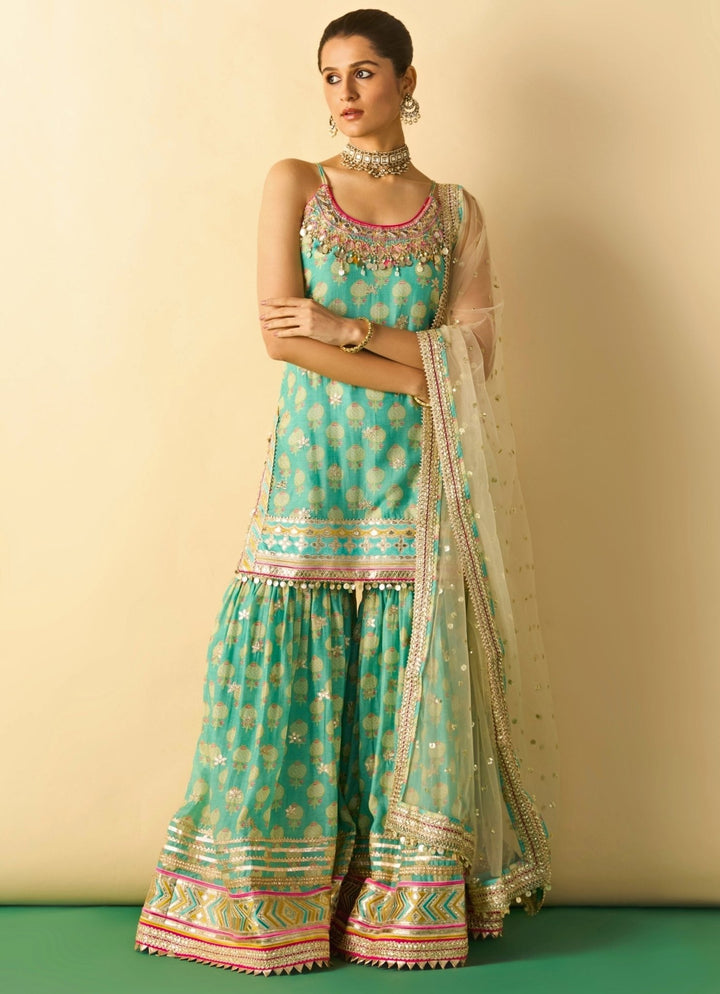 Gopi Vaid Aqua Blue Printed Cotton Silk Strappy Kurta Sharara Set With Ivory DupattaFabilicious Fashion