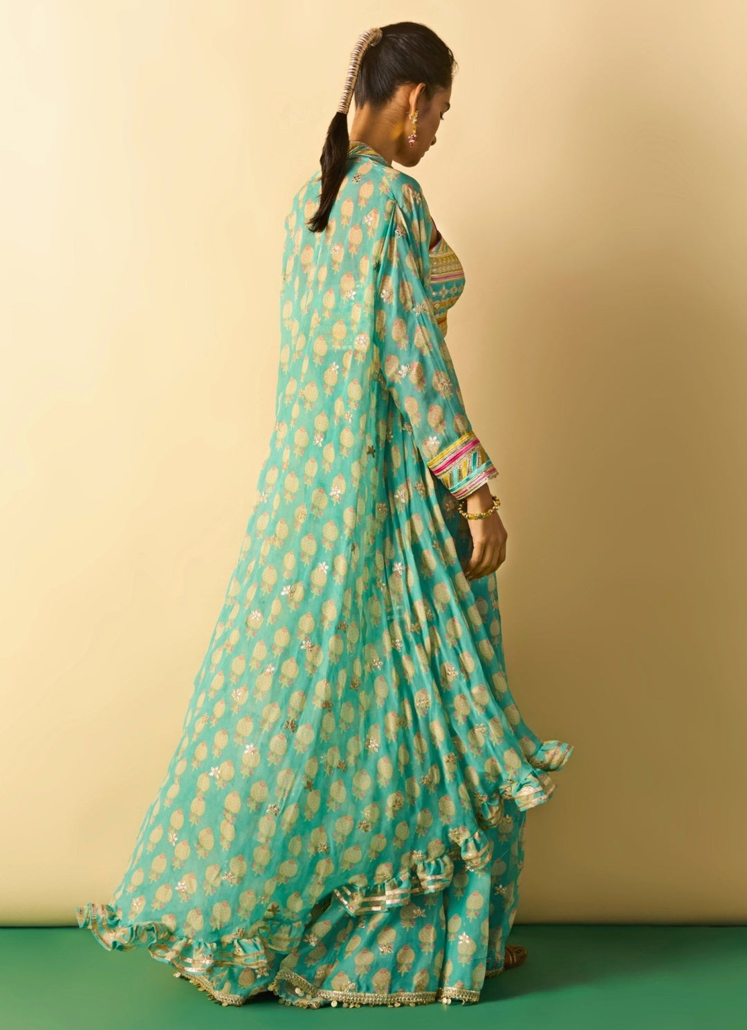 Gopi Vaid Aqua Blue Printed Georgette Blouse Sharara Set With CapeFabilicious Fashion