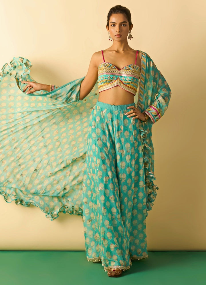 Gopi Vaid Aqua Blue Printed Georgette Blouse Sharara Set With CapeFabilicious Fashion